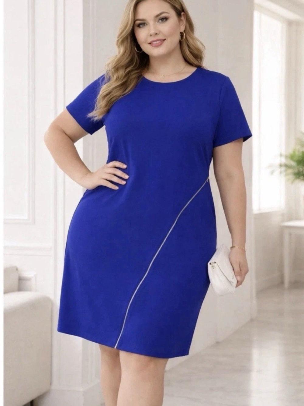 SHEIN Royal Blue Short Sleeve Mini Dress with Diagonal Zip